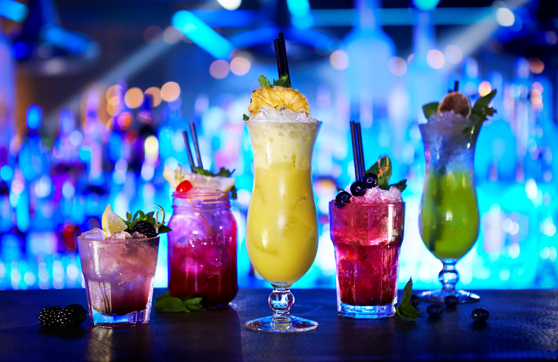 Colourful drinks and cocktails